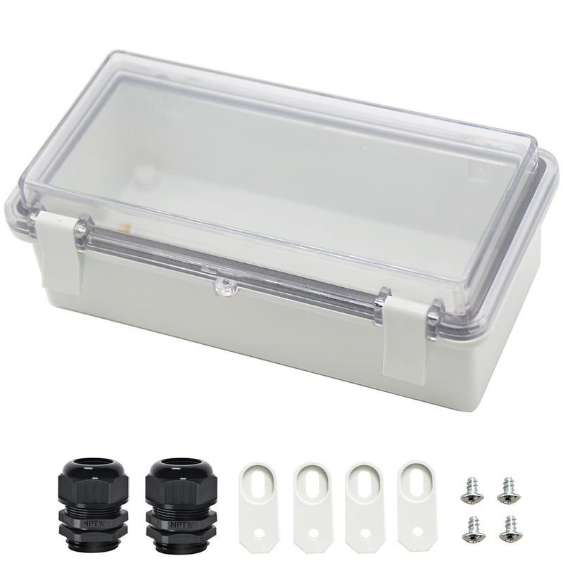 Zulkit Junction Box ABS Plastic Dustproof Waterproof IP65 Electrical Boxes Hinged Shell Outdoor Universal Project Enclosure Clear Cover with 2 Cable Glands 7.9 x 3.9 x 2.8 inch (200x100x70mm) - Image 1